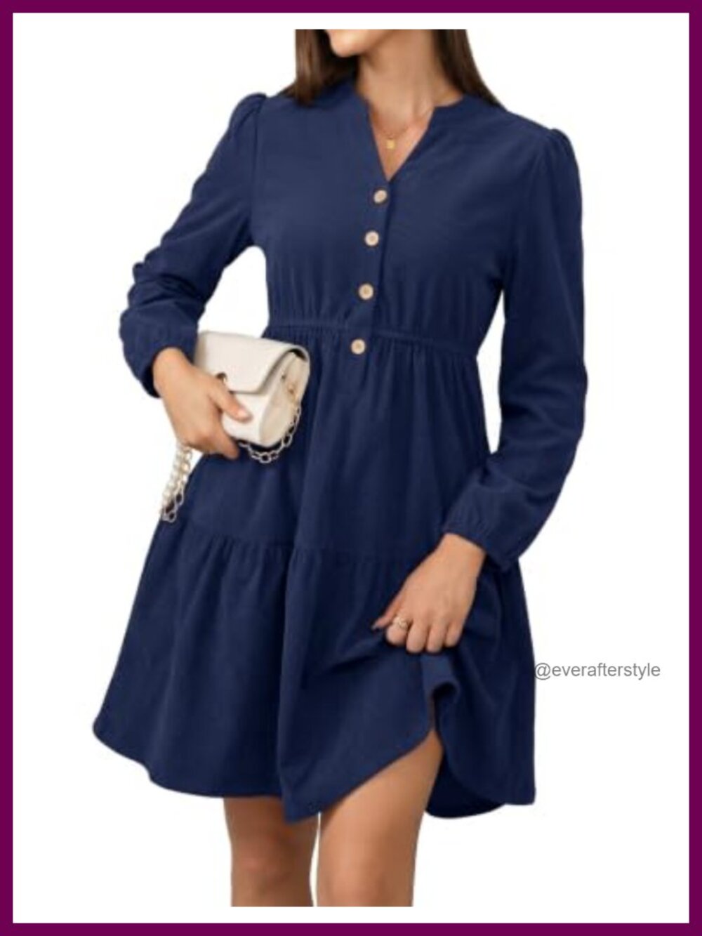 Long Sleeve Corduroy Midi Dress V-Neck Button Tiered Fall Wedding Guest
